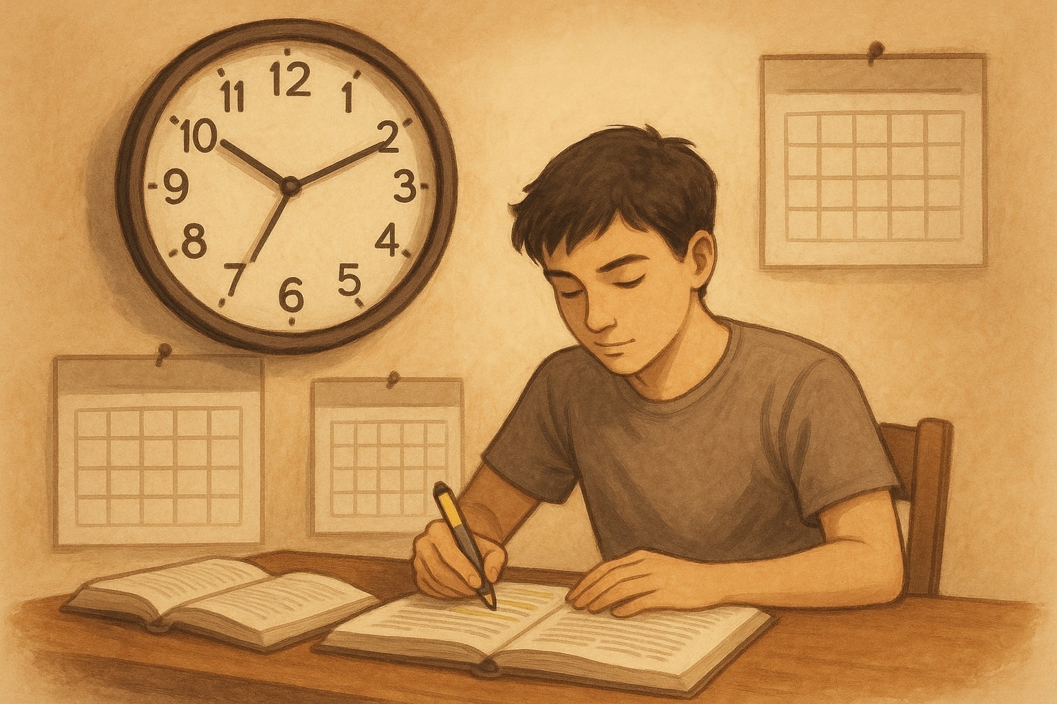 Clock, calendar, focused study blocks depiction Study Time Management Concept